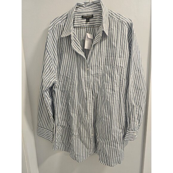 Women Banana Republic Business Casual Blue & White Pinstripe Button Down Size L - Picture 1 of 12